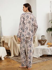 Serenescape 女士度假风印花长袖领睡衣套装 - 彩色 - 查看 3