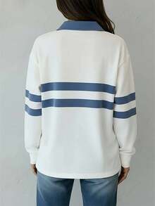 EMERY ROSE Camiseta de mujer de corte holgado y casual con estampado de rayas y hombros caídos - Blanco - Ver 2