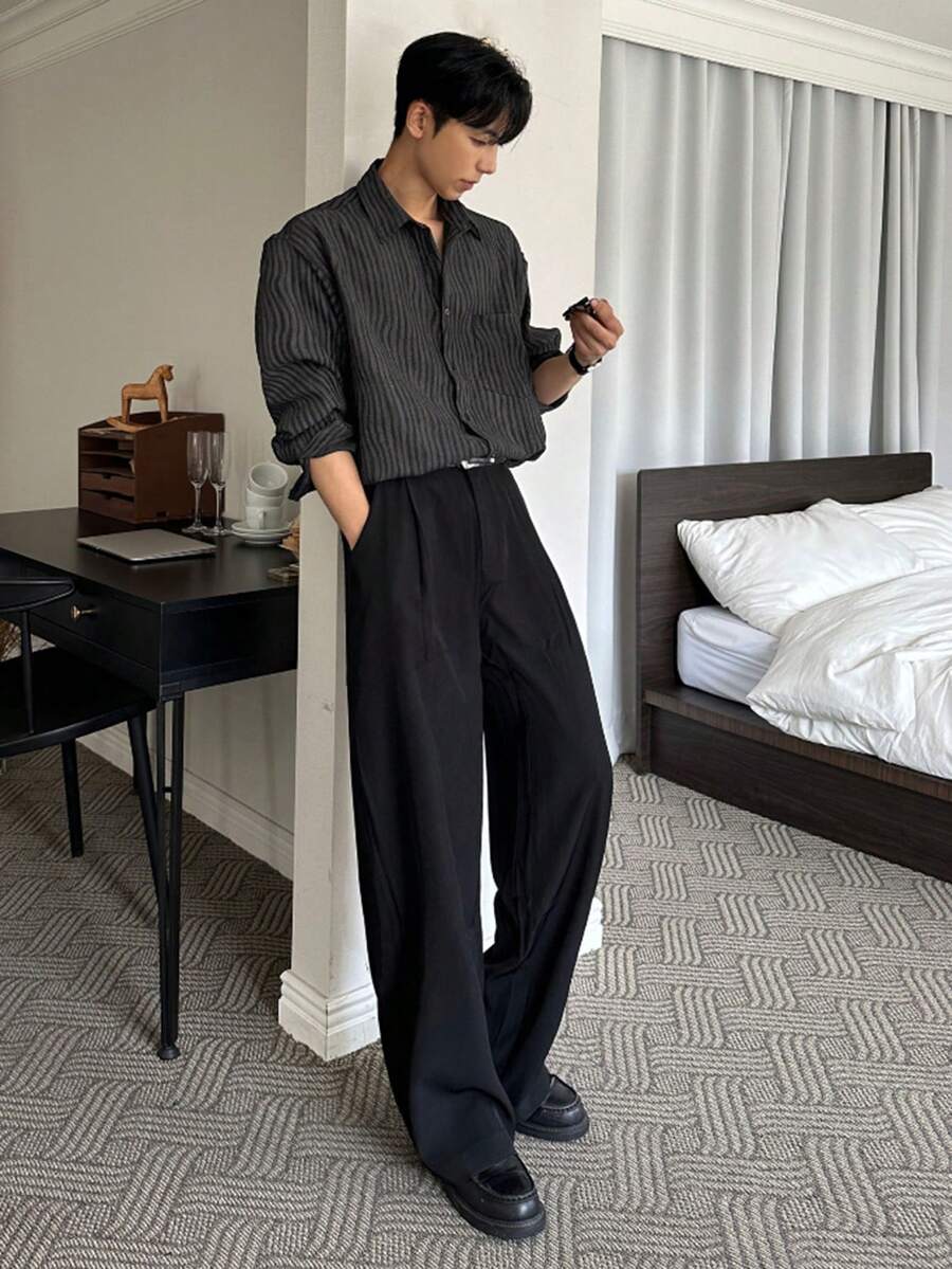 DAZY 男士仿麂皮绒面料数码印花条纹黑色衬衫，秋冬款 - 彩色 - 查看 1