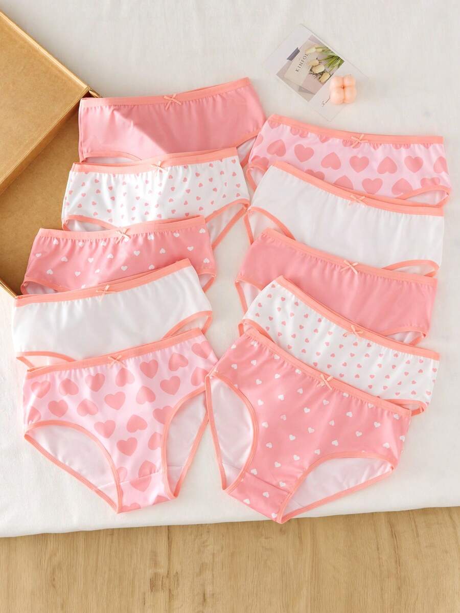Tween Girls Panties-Underwear Ten Pieces Pack Hearts Polka Dots Solid Pink White Soft Breathable Comfortable Full Coverage Briefs Elastic Waistband Everyday Sleepwear Active Casual Four Seasons 2026 New Year Holiday Essential Cute Gift - Multicolor - View 1