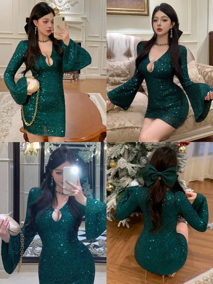 DAZY 秋冬闪亮亮片绿色新年圣诞节婚礼派对正式礼服，时尚V领镂空金属扣装饰喇叭袖荷叶边下摆修身迷你连衣裙，性感闪亮连衣裙 - 青碧色 - 查看 1