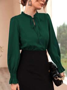 Modelyn Áo cánh tay bèo nhún màu trơn thường ngày cho nữ màu đỏ Burgundy, mùa xuân và mùa thu - màu xanh lá - Xem 6