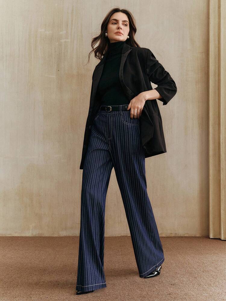 Elegant Modern Loose Casual Striped Navy Blue Women Pants, Suitable For Formal Occasions, Business Casual, And Streetwear