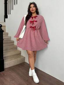 SHEIN EZwear 加大码格子泡泡袖蝴蝶结长袖娃娃裙 - 紅色 - 查看 3