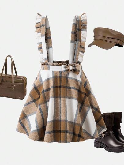 青少年女孩格子印花蝴蝶结装饰荷叶边下摆无袖连衣裙