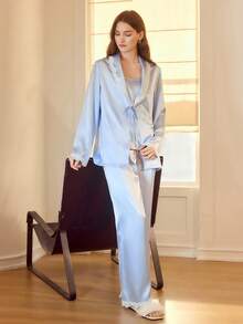 MOTF PREMIUM SATIN CAMI TOP & CONTRAST LACE LONG SLEEVE TOP & PANTS PAJAMA SET - Blue - View 4