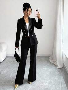 EURMUSE Women's Solid Single Breasted Fitted PU Collar Flare Leg Good Quality Elegant Suit Set - Black - View 3