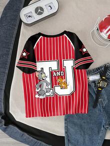 TOM & JERRY X SHEIN Young Boy Summer Casual Striped Letter & Cartoon Graphic Short Sleeve T-Shirt - White - View 2