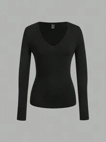 SHEIN EZwear Bộ 3 áo thun dài tay bó sát cổ chữ V sâu cho nữ, màu đen - màu đen - Xem 5