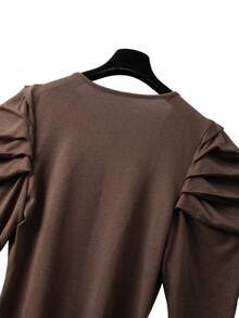 GlowEve CURVE Plus Size Gigot Sleeve Open Front Knit Long Sleeve Casual Fitted Top, Autumn/Winter - Brown - View 5