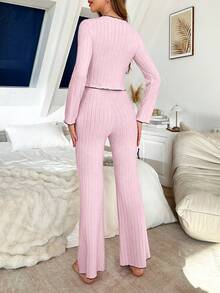 1 Set Women's Solid Color Brushed V-Neck Slim Fit Long Sleeve Lounge Set, Winter Clothes - Baby Pink - View 2