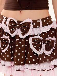 ROMWE Kawaii Chân váy xếp tầng viền ren nữ tính cổ điển dành cho nữ, chân váy chữ A chấm bi nâu - màu nâu - Xem 2