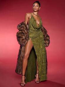 Normani Vestido circular de mujer con cuello drapeado, abertura lateral y estampado animal - Verde - Ver 6