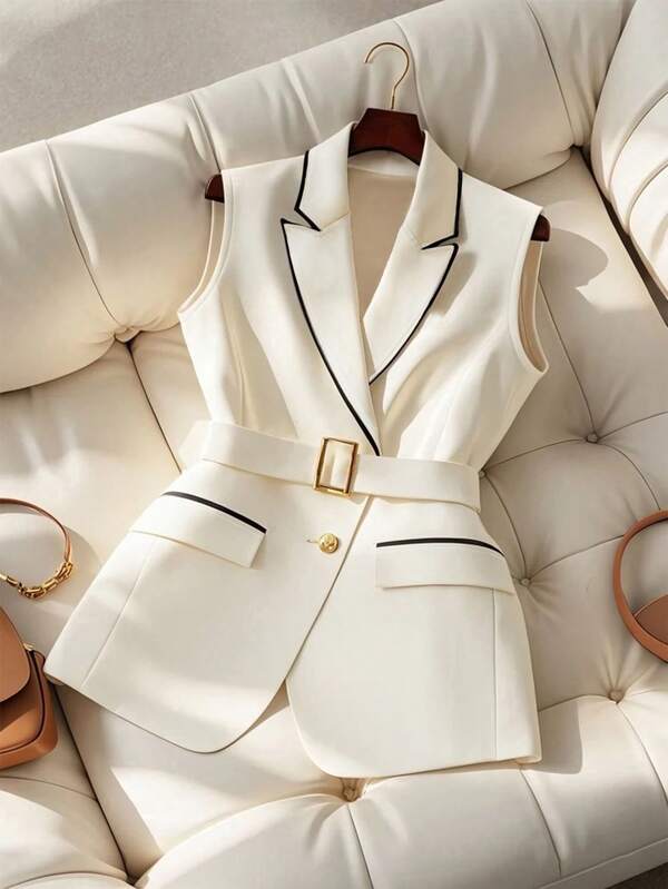 GlowEve Elegante chaqueta de traje de negocios para mujer con bolsillo con solapa, botón metálico y cinturón de color contrastante