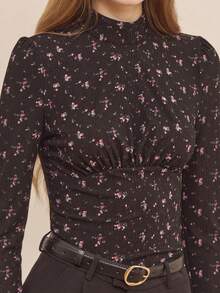 lacRébo ملابس علوية طويلة الأكمام ذات طبعة زهرية مع رقبة عالية ملمس مطاطي وفتحة خلفية في الرقبة، مناسبة للشتاء