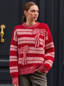 lacRébo Red And Pink Striped Loose-Fit Knit Sweater With Bow Jacquard Red  New Year Going Out Winter - Multicolor - View 2