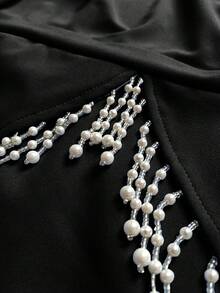 Viva Relle Plus Size Women's Elegant Romantic Detailed Round Neck Long Sleeve Pearl Tassel Decor Fishtail Dress, Autumn/Winter Fall - Black - View 6