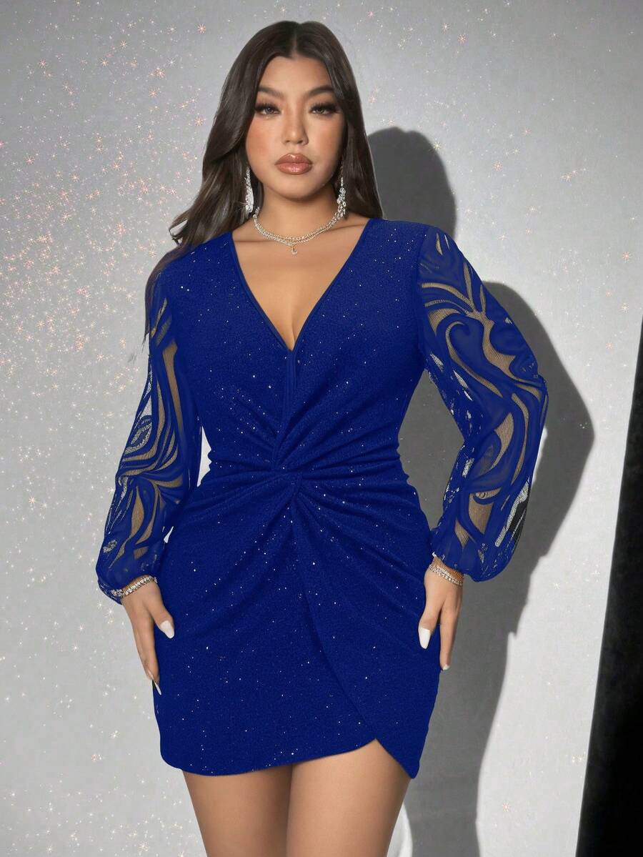 Viva Relle Plus Size V-Neck Lace Long Sleeve Simple Sequin Embellish Casual Dress,Valentine - Blue - View 1