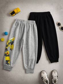 Transformers X SHEIN 两件套男童休闲字母机器人图案针织抽绳长款运动裤，黑色和灰色