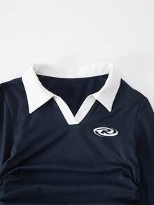 Sparklyn 青少年女孩拼色领长袖休闲骑士印花T恤 - 藏蓝色 - 查看 7