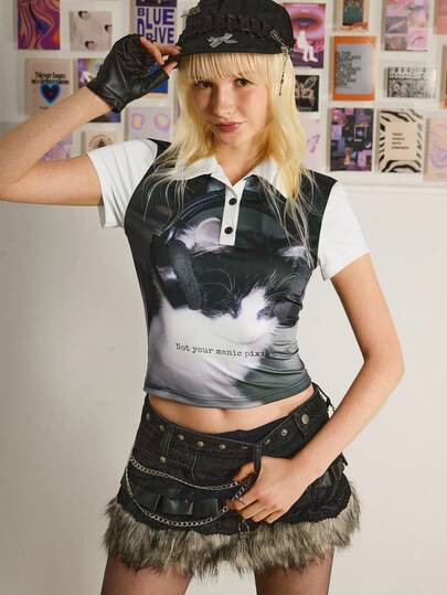 Y2Kool BiGraphic Black & White Colorblock Cat Vibe Y2K Casual Street Chic Women's Polo Crop Top, Suitable For Autumn/Winter Parties, Holidays, Christmas, Daily Wear Shirts Graphic Women Womens Polo Cat Print Womens Novelty Shirts Polo Shirts For Women Cat Shirts For Woman