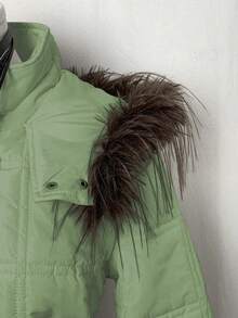 EgrlEra Áo khoác lông ấm áp, cổ lông có mũ, cài nút phía trước, màu trơn, mùa đông - Màu xanh Bạc hà - Xem 4