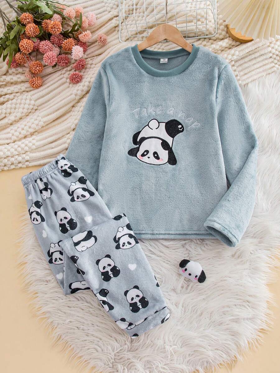 Genkimix Kids 2pcs/Set Big Girl Plush Thickened Round Neck Long Sleeve & Long Pants Pajama Set, Cute Panda Pattern, Grey, Fashionable Loungewear, Autumn/Winter - Baby Blue - View 1