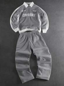 SLATEMANN Men's Casual Fashion Street Sporty Letter Print Contrast Color Half Zip Hooded Sweatshirt And Drawstring Waist Straight Leg Sweatpants Set, Spring/Autumn - Multicolor - View 7