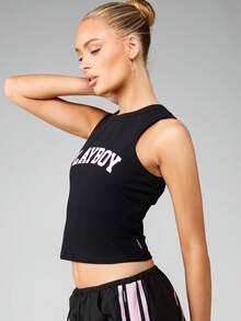 Missguided x Playboy 夏季休闲日常穿着的学院风印花背心 - 黑色 - 查看 5