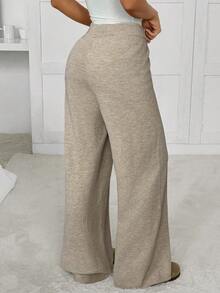 SHEIN EZwear 女士纯色弹力腰阔腿休闲针织裤，秋冬款 - 卡其色 - 查看 2