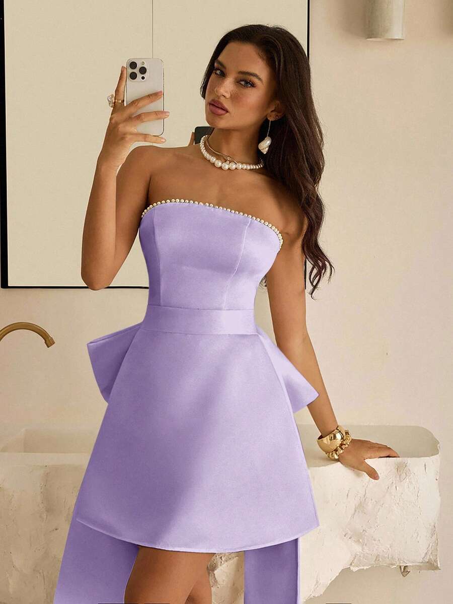 Vowa Áo bandeau cổ nơ sang trọng cỡ lớn đính ngọc trai thanh lịch, thích hợp cho đám cưới, sự kiện, tiệc tùng, kỳ nghỉ, dạ tiệc - Màu tím Violet - Xem 1