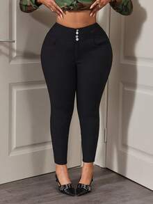 Slaydiva Plus Size Women's Black Elastic Personalized Pleated High Waist Sexy Skinny 7/8 Pants, Spring - Black - View 5