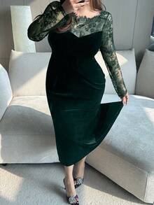 Dazy Plus Plus Size Women's Velvet Contrast Lace Bodycon Party Dress, Sexy & Stretchy For Dates Elegant Women Dresses Prom Dress - Dark Green - View 4