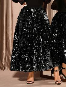 Cravure 大码女式弹力腰亮片A字裙，优雅适合派对和晚宴穿着，秋冬季 - 黑色 - 查看 3