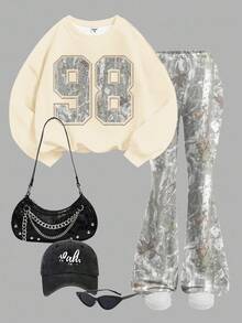SHEIN Leap Crew 女童秋季迷彩树枝树叶图案，运动数字98印花，复古甜美美式校园风格，城市漫步街头风，休闲校园运动，女童针织圆领字母图案宽松卫衣和喇叭裤两件套，复古街头风，轻松舒适，儿童秋季叠穿，2000年代风格，Y2K服饰，冬装，运动服 - 彩色 - 查看 2