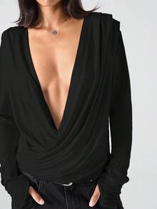 LYSMO Women's Solid Color Long Sleeve Plunging Neck Fashionable Versatile Sexy Blouse