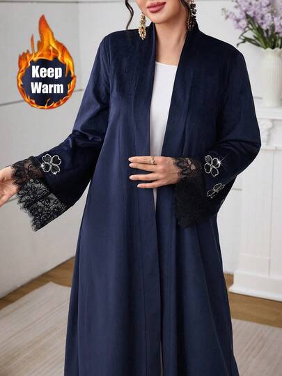 Al Najma Loose Fit Luxurious Rhinestone & Lace Decorated Arabic Abaya Robe For Women, Autumn/Winter