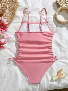 Tween Girls Tankinis, Pink Solid Color With Drawstring And Bow Design, Adjustable Straps, Sweet, Cute And Elegant, Suitable For Vacation, Beach, Pool, Surfing - Pink - View 2