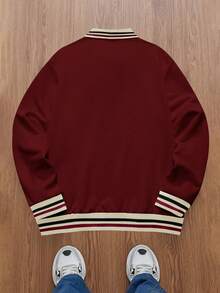 TOKVUE Men's Casual Sporty Contrast Striped Pattern Polo Collar Loose Pullover Sweatshirt Maroon Shirt Red Varsity Jacket Polo Shirts Long Sleeve Burgundy Jersey Polo Sweater Daily Leisure, Weekend Trips, Outdoor Activities, Travel Expeditions, Relaxed Work Environments Or Semi-Formal Occasions,Boyfriend/Husband Gift, Anniversary Gift Christmas Outfits - Burgundy - View 2