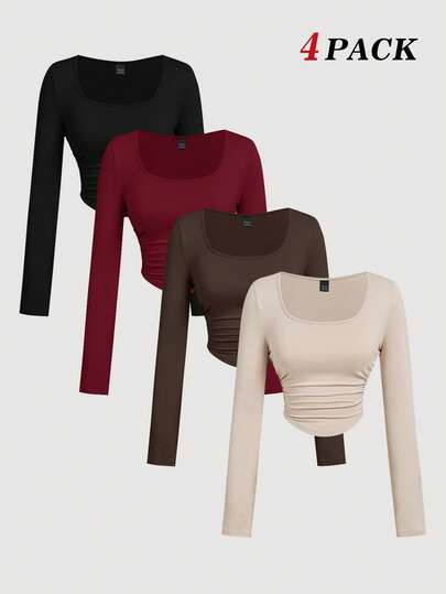 SHEIN MOD 4件套女士褶皱休闲方领长袖T恤套装，保暖衣物，外出上衣，节日，圣诞节女装，新年，派对上衣，感恩节，棕色上衣，感恩节，新年，派对，休闲，时尚，4件装上衣