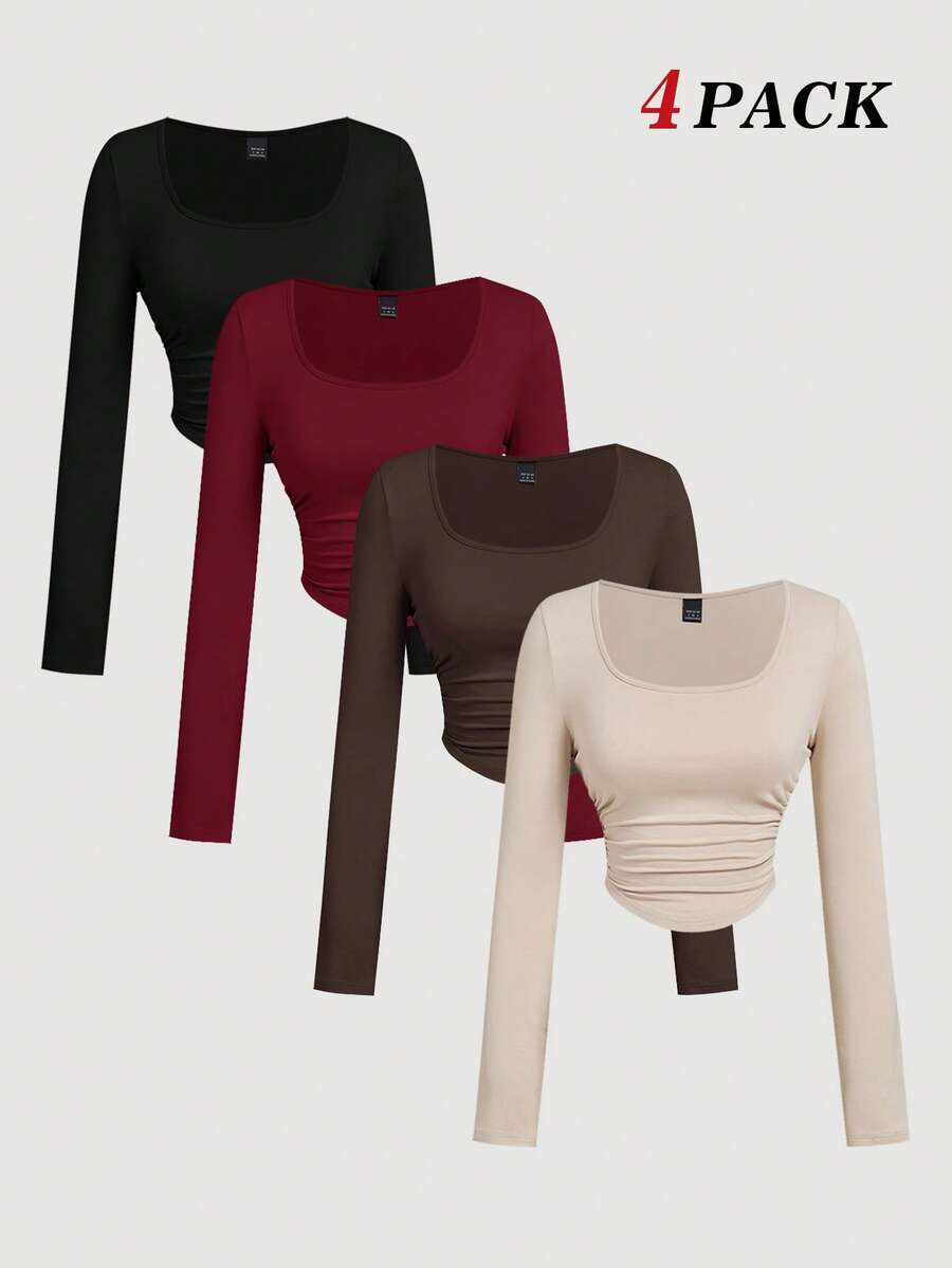 SHEIN MOD 4-częściowy zestaw damskich koszulek z marszczeniami i kwadratowym dekoltem, z długim rękawem, ciepłe ubrania, bluzki wyjściowe, ubrania na święta, Boże Narodzenie, Nowy Rok, bluzka imprezowa, Święto Dziękczynienia, brązowy top, Święto Dziękczynienia, Nowy Rok, impreza, swobodny, elegancki, 4 sztuki - Wielokolorowe - Zobacz 1