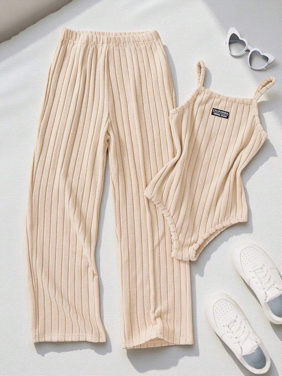 Conjunto de camiseta de punto ajustada y pantalones de pierna ancha de moda casual y versátil con diseño de nicho retro y elegante - Caqui - Ver 1