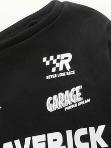 年轻女孩字母印花不对称肩长袖运动衫和阔腿裤休闲套装，秋季 - 黑色 - 查看 11