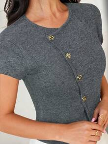 Firerie Women's Deep Floral V-Neck Metal Button Front Cap Sleeve Sweater Top, Everyday Commute Knitwear, New Arrival For Spring, Autumn & Winter - Grey - View 5