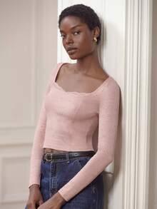 lacRébo Dusty Pink Fitted Long-Sleeve Tee - Square Neckline With Lace Detail - Pink - View 1