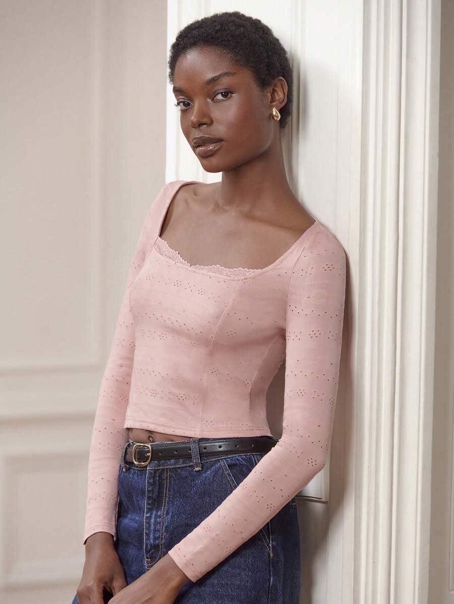 lacRébo Dusty Pink Fitted Long-Sleeve Tee - Square Neckline With Lace Detail - Pink - View 1