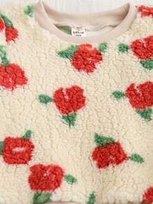 SHEIN Baby Girl Casual Vacation Floral Print Teddy Fleece Pullover Sweatshirt And Jogger Pants Set, Autumn/Winter,Warm Plush Set,Cute And Colorful Spring Floral Patterns - Khaki - View 4
