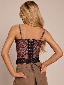 SHEIN Glamour Women's Y2K Contrast Lace Leopard Print Fashion Camisole - Brown - View 2
