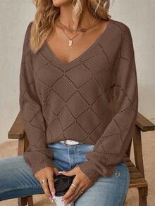 SHEIN Clasi Áo len nữ tay dài cổ chữ V khoét lỗ màu trơn thường ngày, thu/đông - Lạc đà - Xem 7