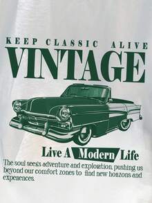 Manfinity Joysei Standard Size Men's Green Sleeve Contrast Slogan & Car Graphic Round Neck Casual T-Shirt